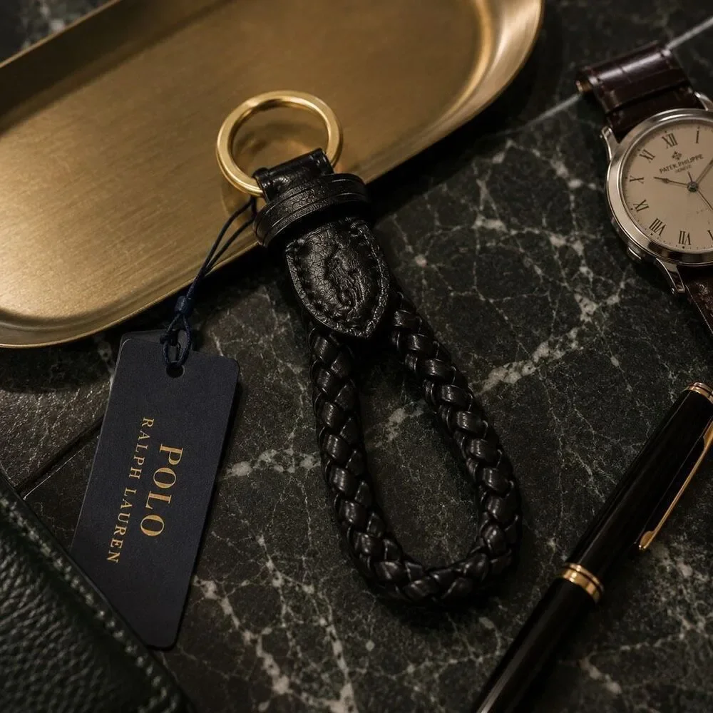 Polo Ralph Lauren Braided Genuine Leather Key Chain Black Brass Ring NWT Pony